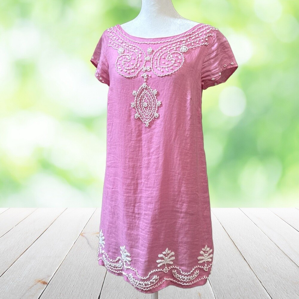 LILLY PULITZER Hand Beaded Linen Shift Dress Embroidered Pink White Rawley Sz 2